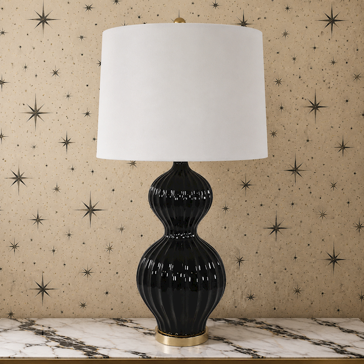 BLACK CERAMIC LAMP WITH OFF WHITE SHADE 43x43x82cm